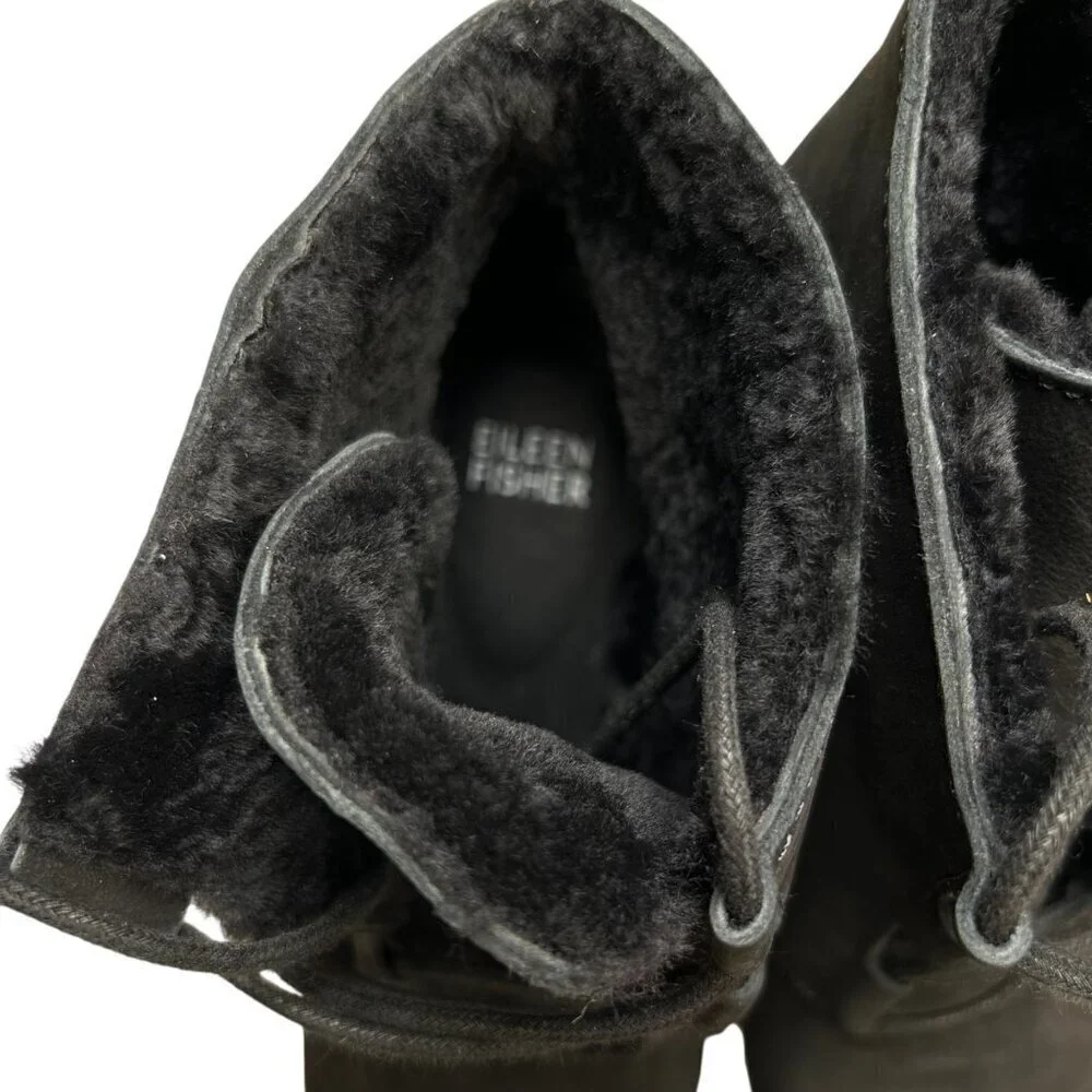 Eileen Fisher Alpine Wedge Suede Shearling Boot 8.5 Lace Up Black Cabincore Cozy